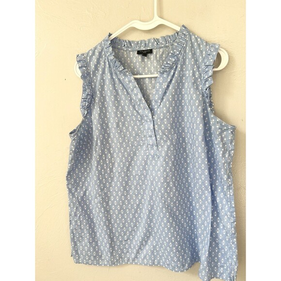 TALBOTS Womens XL Boxy  Sleeveless Popover Top Blue Floral Ruffle Neck Shirt - Picture 1 of 7